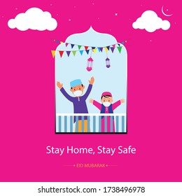 Vector illustration-Stay home stay safe concept for eid greetings. Ramadan pray at home concept. stay at home due to covid-19 outbreak prevention.