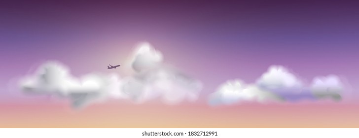 Vector illustrations,The fluffy clouds with airplane and sunshine at evening