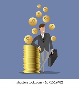 Vector illustration.Successful man standig near the pile of coins.