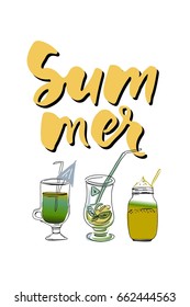 Vector illustration.Summer lettering. Cocktails illustration