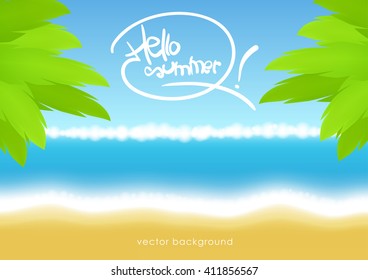 Vector illustration:Summer tropical background with beach, sea and palm leaves
