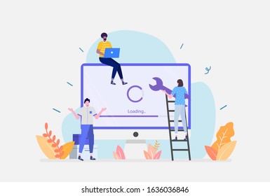 Vector Illustration,System Update Concept, Showing people update operating system, Suitable for landing page, ui, web, App intro card, editorial, flyer,and banner