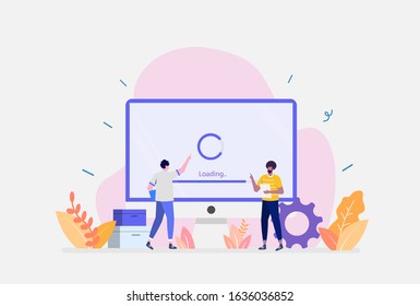 Vector Illustration,System Update Concept, Showing people update operating system, Suitable for landing page, ui, web, App intro card, editorial, flyer,and banner