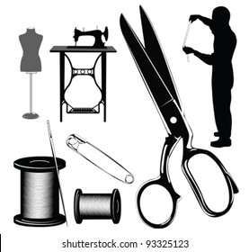 Vector illustration.Tailor's objects and equipment  silhouettes