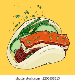 Vector illustration.Taiwanese snack Gua bao. A piece of stewed meat with cucumber and green onion in steamed buns. Asian cuisine wallpaper for menu, packaging, cafe, restaurant.