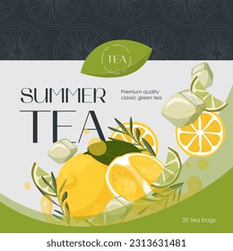 Vector illustrationTea packaging summer tea. Packaging design concept, tea advertising, packaging of fruit green tea, black tea. Brand design. Product design