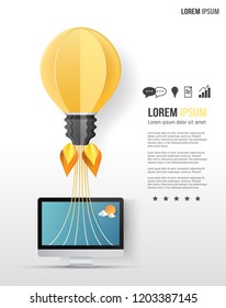 Vector Illustration.Template Bulb Rocket Launcher Come From Laptop Hight Technology. Paper Art Carving.