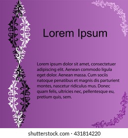 Vector Illustration.Template for Visiting Cards,Labels,Fliers,Banners,Badges,Posters,Stickers,Wedding and Advertising Action.Beautiful White and Black Floral Pattern on Violet Background.Vintage Style