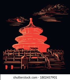 Vector Illustration.Temple of Heaven in Beijing, landmark of China. Hand drawn vector sketch illustration in beige and red colors isolated on black background.China travel Concept. Stock illustration