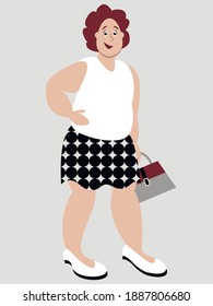 Vector illustration-the figure of a fat young pretty woman with a handbag in fashionable clothes casual close-up isolated. Concept-body positive