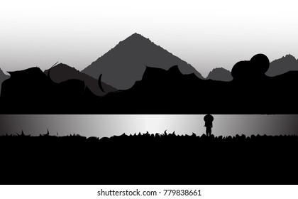 Vector illustration,The woman wearing a hat standing on the lake.,Landscape silhouette vector.
