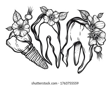 Vector illustration.Tooth implant on a metal pin. Teeth, rose hip flowers, print on t-shirt, line art style, Handmade, tattoo