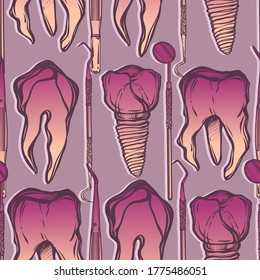 Vector illustration.Tooth implant on a metal pin. Teeth, Dental instruments, rose hip flowers, print on t-shirt, line art style, Handmade, dark background, seamless pattern