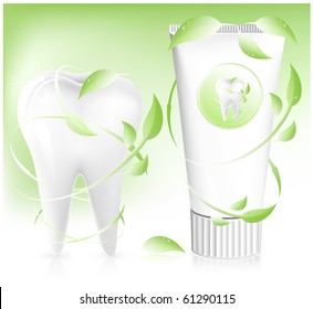 Vector illustration.Tooth and toothpaste with leaves on light green background.