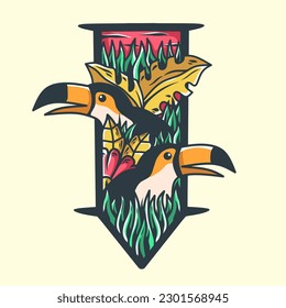 vector illustration,toucan bird with leaves background and various forest flowers.nice design for print