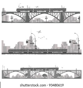 Vector illustration.Train on a bridge .City scape silhouette