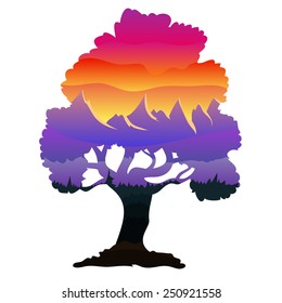 Vector illustration.Tree shape with colorful sky and purple mountain landscape inside