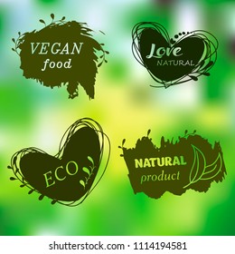 Vector illustrationts, packaging, advertising. Set of logos, icons, design elements. Natural food, organic food, veggie food. Healthy food label. Doodle logos. Hand drawing. Bio,