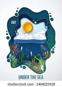 Vector and illustration,Under the sea in day time, paper craft style.