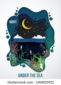 Vector and illustration,Under the sea in night time, paper craft style.