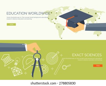 Vector illustration.University. Flat backgrounds set. Education and learning. Online courses and web school. Knowledge and information. Study process. E-learning.