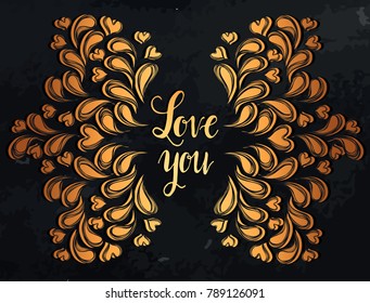 Vector illustration.Valentines Day. Abstract elements as a cucumber. Lettering love you. Handmade, background  chalkboard, gold color, prints on T-shirts, tattoos