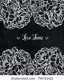 Vector illustration.Valentines Day. Flower decoration of peonies, prints on T-shirts, background chalkboard. Handmade