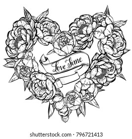 Vector illustration.Valentines Day. Heart shaped flower decoration of peonies, prints on T-shirts, background white. Handmade