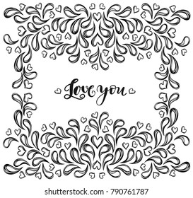 Vector illustration.Valentines Day. . Lettering love you, background white. Handmade, prints on T-shirts