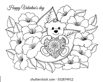 Vector illustration,valentines, enamored a teddy bear with a heart sits on a a sheet of among the flowers. The work Made in manually. Book Coloring anti-stress for adults and children. 