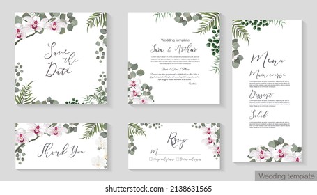 Vector illustrationVector herbal wedding invitation template. Different herbs, white orchid, green plants and leaves, unripe berries, round gold frame. The set consists of an invitation card, thank yo