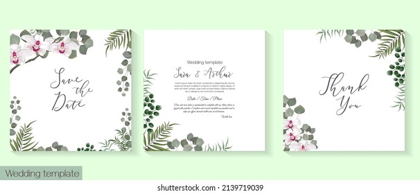 Ilustración vectorialPlantilla de invitación a bodas herbales vectoras. Diferentes hierbas, orquídeas blancas, plantas y hojas verdes, bayas sin madurar.
