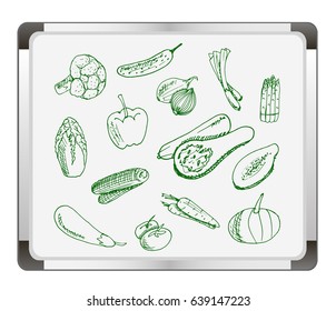 Vector illustration.Vegetables set on flip chart background. Free hand drawn.  Pepper, tomato, carrot, onion, eggplant, broccoli. 