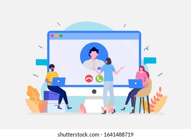 Vector Illustration,Video Conference Concept, Showing a group of business having a remote virtual video conference meeting, Suitable for landing page, UI, web, App intro card, flyer,and banner