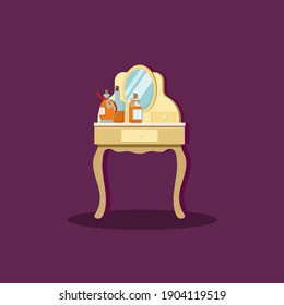 Vector illustration.Vintage bedside table with a mirror. There are bottles of perfume on it.