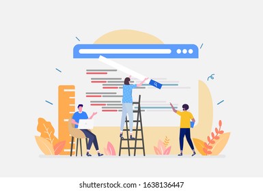 Vector Illustration,Web Design and Development Concept, Showing a group of programmers building a website, Suitable for landing page, ui, web, App intro card, editorial, flyer,and banner