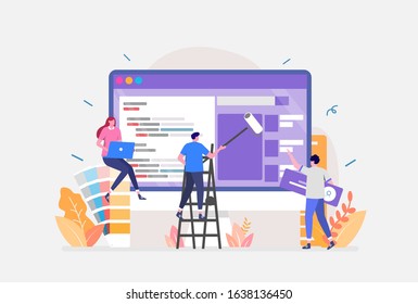 Vector Illustration,Web Design and Development Concept, Showing a group of programmers building a website, Suitable for landing page, ui, web, App intro card, editorial, flyer,and banner