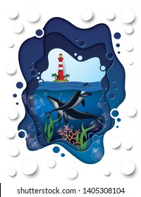 Vector and illustration,Whale under the sea , paper craft style.