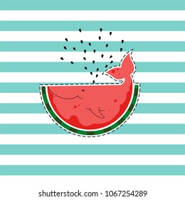 Vector illustration-whale, watermelon.