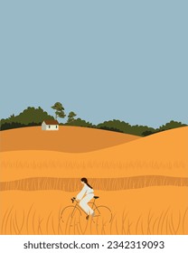 Vector illustrationWheat field, Ukraine.  barley field, road home. Design for poster, banner, package design.