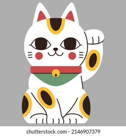 Vector illustration,White Maneki Neko Lucky Cat a left paw raised, Japanese symbol of good luck