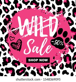 Vector illustration.Wild Sale.Banner with pink leopard pattern.Perfect for design of blog decoration,web sites,apps,typography,badge, poster,booklet, flyer, card, ad.