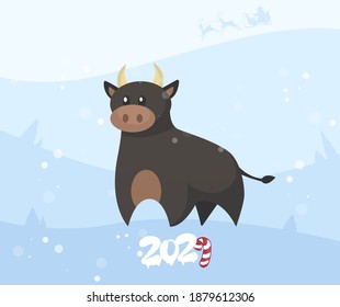 the vector illustration,winter background,bull,and text happy new year