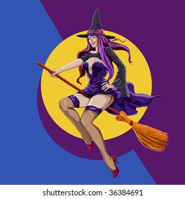 vector illustration,witch flying on a broom, halloween concept