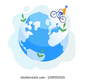 Vector illustration.Woman in bicycle,  World Environment Day, Bio Technology, green planet, ecology, save the planet, save energy, Earth Day