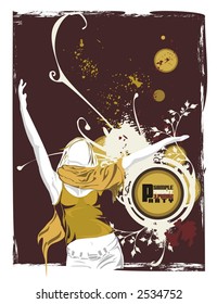 vector illustration,woman dancing with the hands in the air,grunge & floral elements on the blank emblem,eroded retro background ,just ad your own text