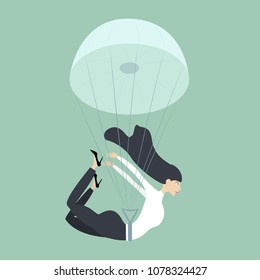 Vector illustration.Woman parachutes.Concept of first step in business-like parachuting.
