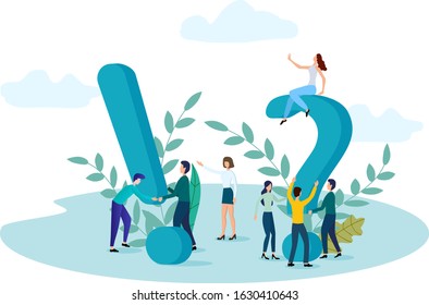 Vector illustration.Women and men support question and exclamation marks.Concept of an online consultation center for questions and answers.