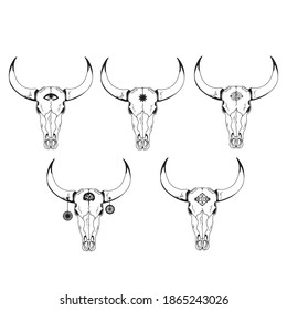Vector illustration.Year Of The Bull 2021.Bull cow skull with symbols on the forehead and horns.Boho style
