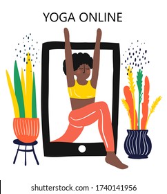 Vector illustration-yoga online. The black girl does yoga. The warrior pose.